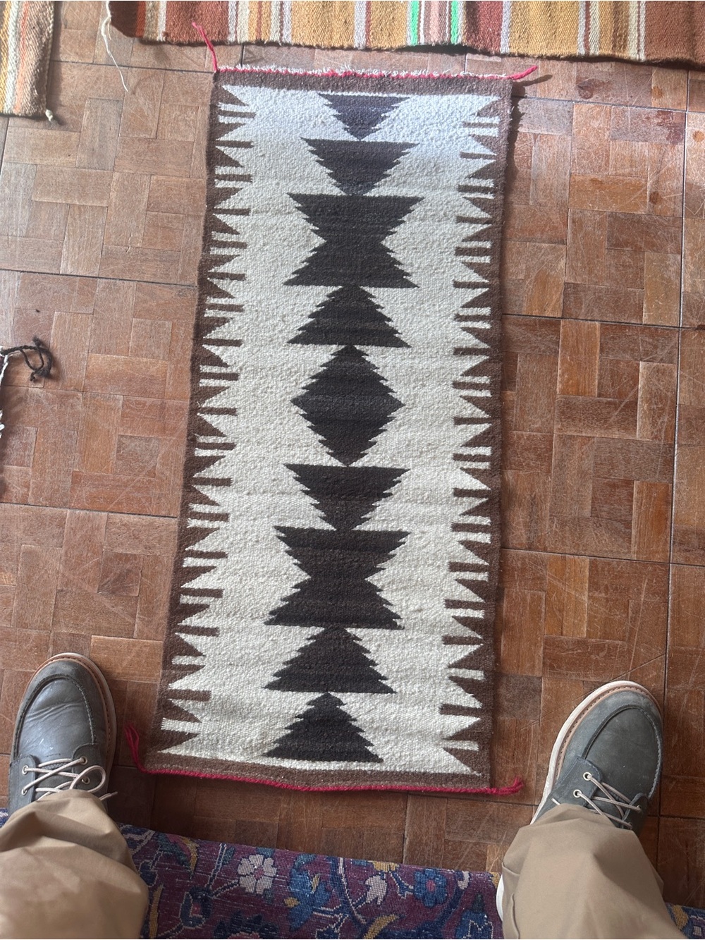 Handwoven Geometric Wool Runner Rug in Brown and Cream